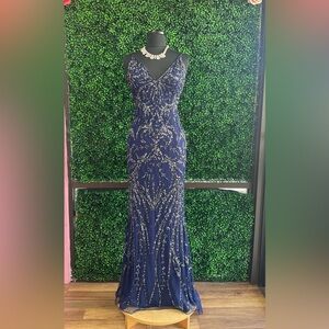 Primavera Couture Navy and Silver Prom Dress